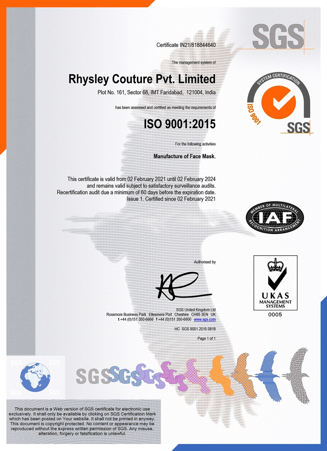 SGS ISO 9001 Certificate